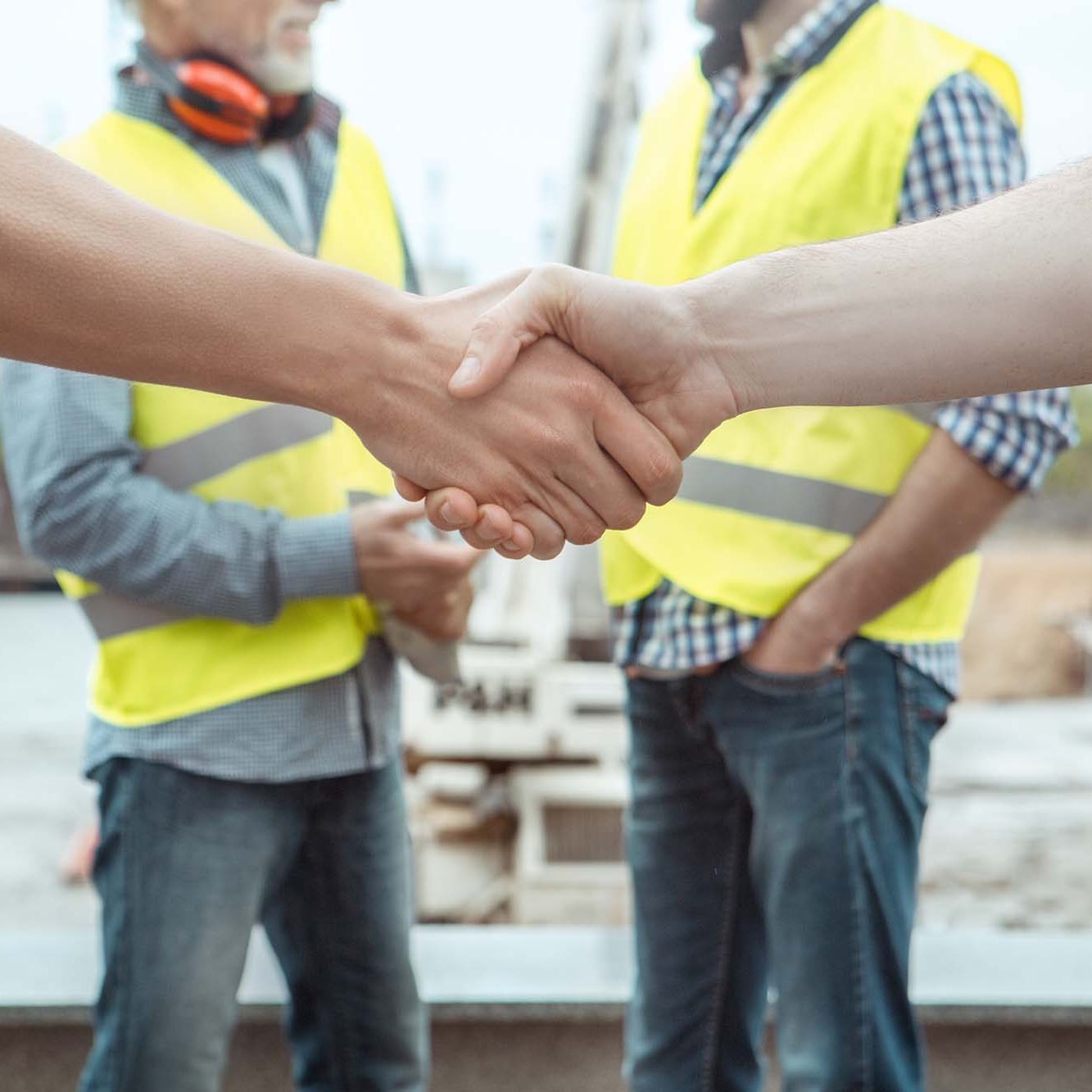 Male work building construction engineering occupation project. Male work building construction engineering occupation handshake